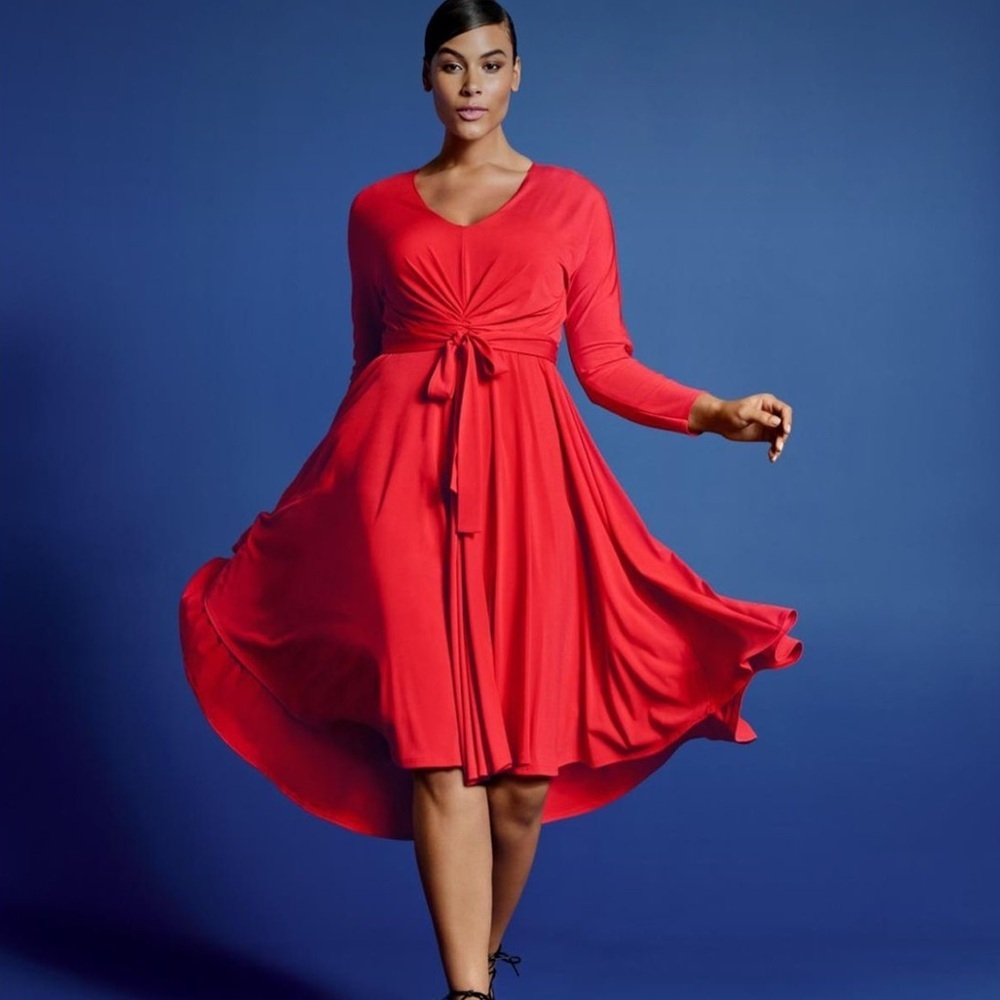 Isabel Toledo X Lane Bryant Red Fit & Flare Hi-Low Dress. V Neck Ruched Waist 28